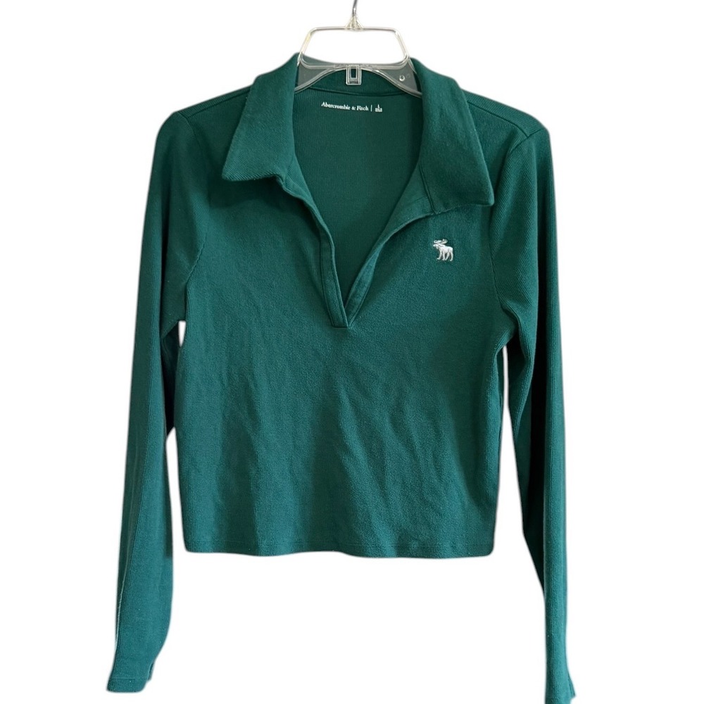 Abercrombie & Fitch Womens Forest Green Ribbed Long Sleeve Polo Cropped Top L